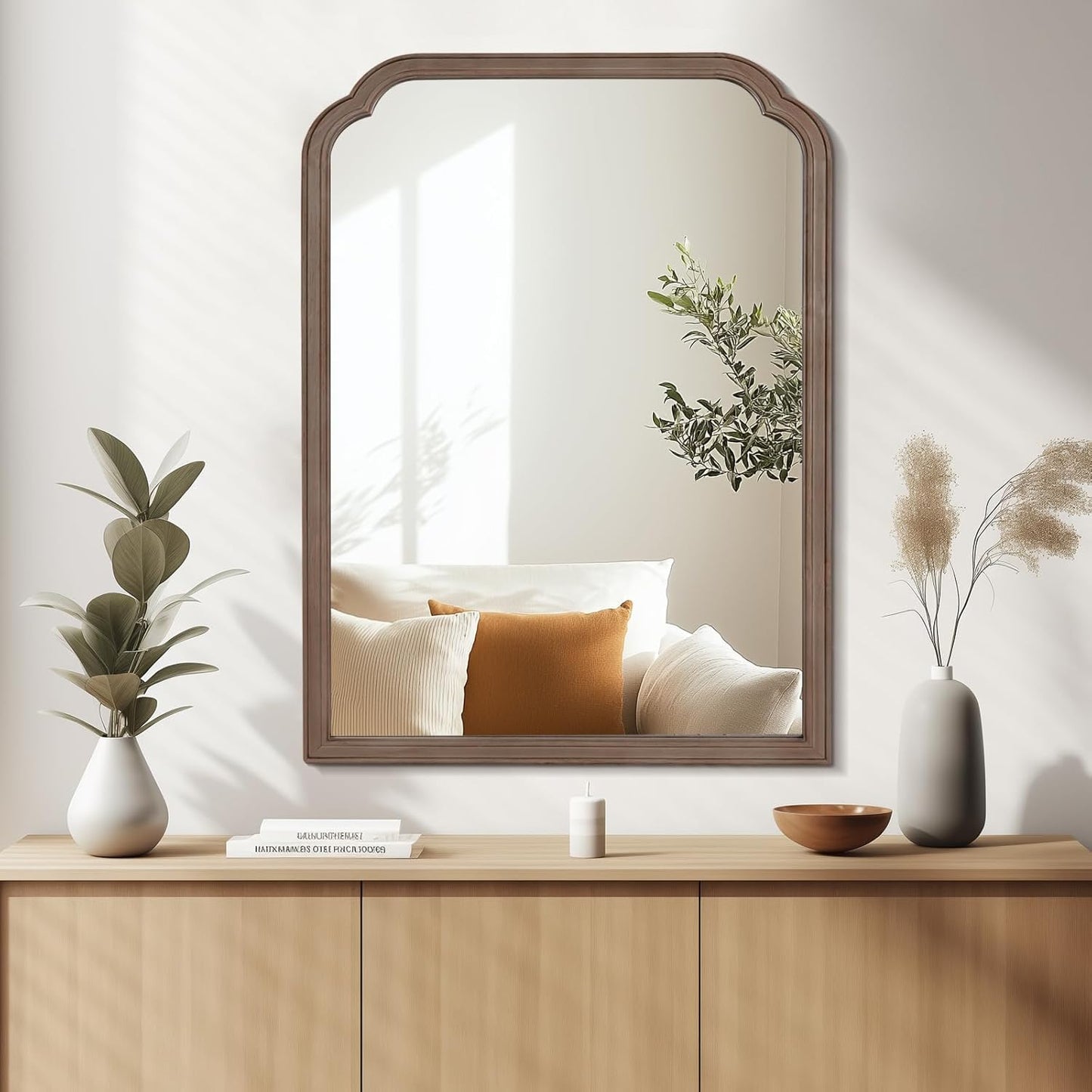 WallBeyond 30" x 40" Wood Bathroom Mirror for Wall Mounted, Rustic Rounded Corner Vanity Mirror for Entryway, Living Room or Bedroom Home Decorative [30" x 40" Walnut]