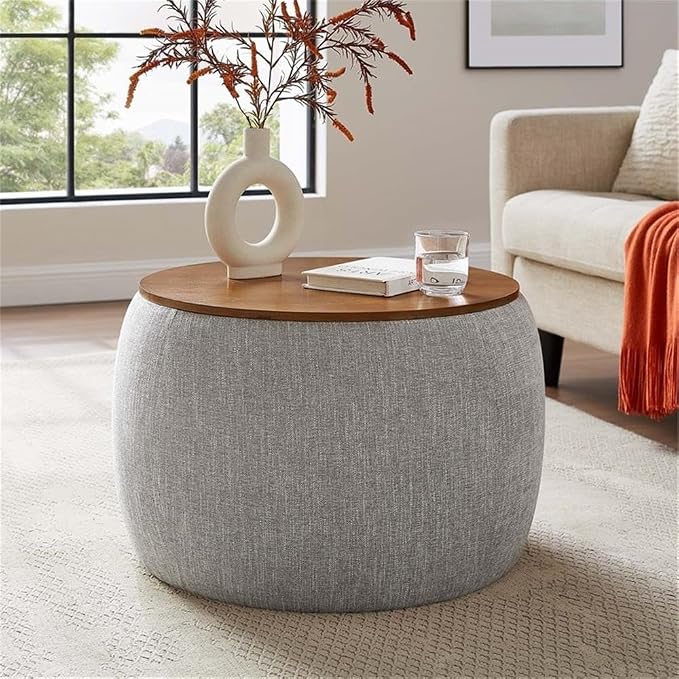 Modway Perla 26 Inch Round Storage Ottoman with Tray Lid in Heathered Weave Wheat -Heathered Fabric Ottoman - Versatile Footrest - Woven Coffee Table - Side Table - for Living Room
