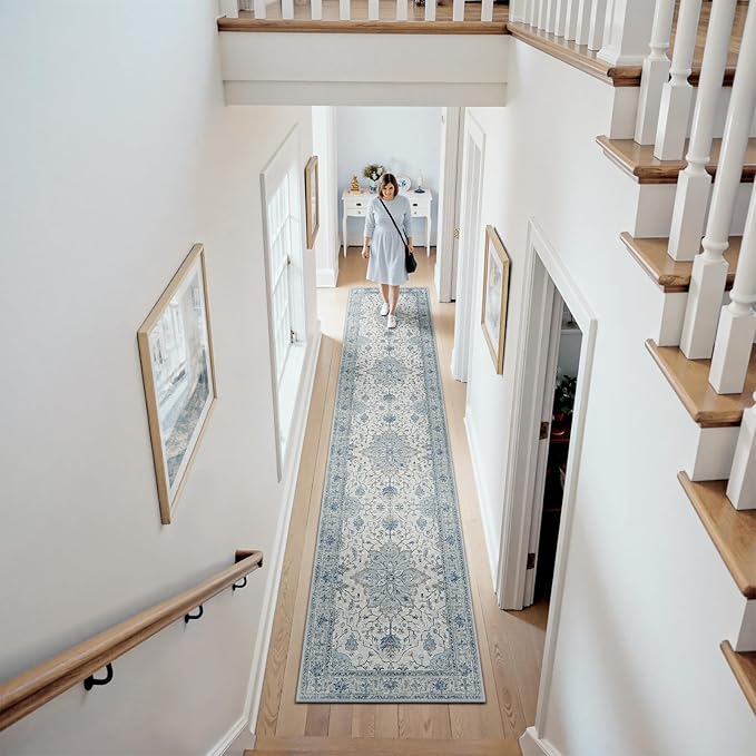 RELEANY Area Rugs 2'6''x12' Runner Rug Non Slip Washable for Kitchen Hallway Bedroom Beside Laundry Room Bathroom Rug, Floor Carpet, Light Blue Navy Beige Gray White