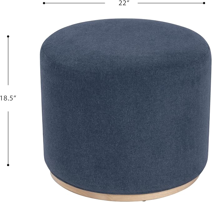 Spatial Order 22" Round Ottoman with Wooden Base - Blue Woven Fabric