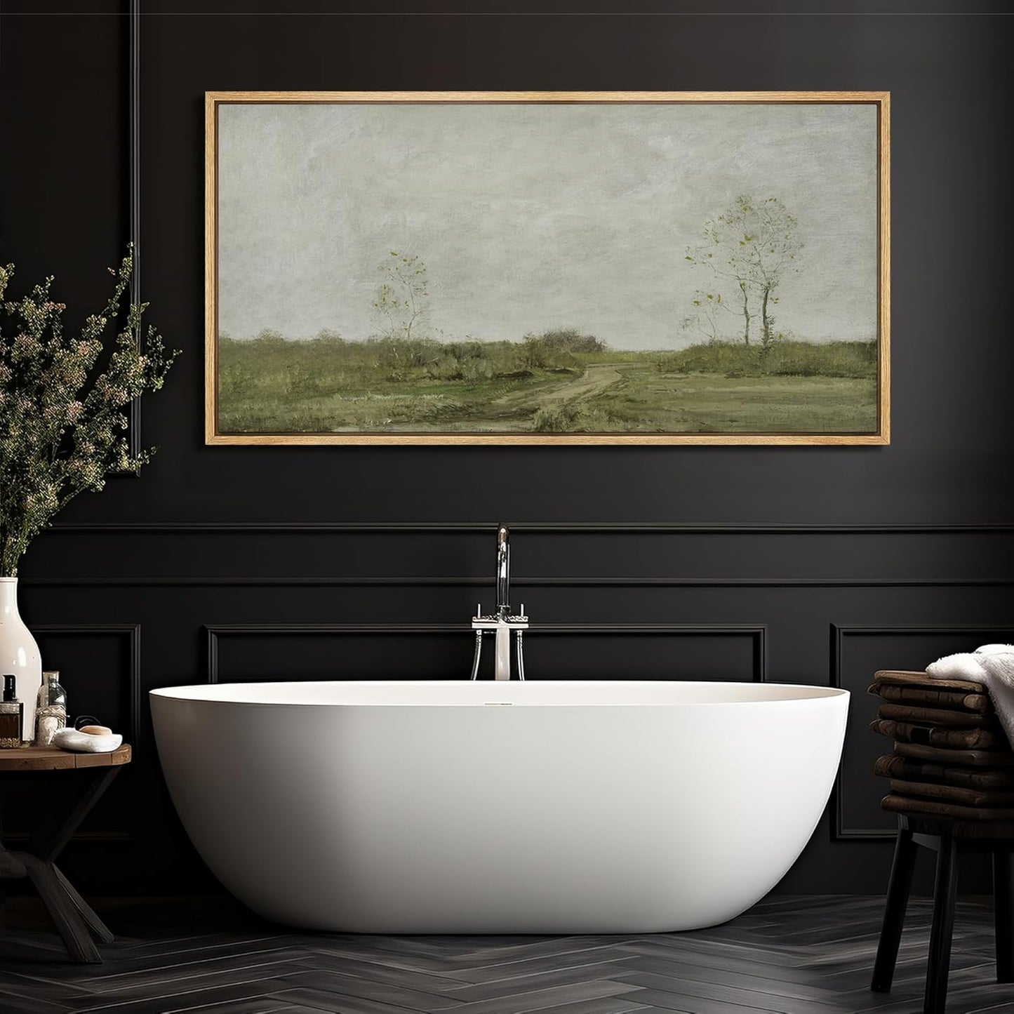 MUDECOR Extra Large Framed Canvas Print Wall Art Soft Pastoral Landscape Wall Art with Trees Antique Retro Fine Art Illustrations Decorative Colorful for Bedroom - 60"x30"