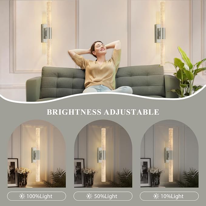camuucci Battery Operated Wall Sconces Set of 2 Rechargeable Battery Powered Wall Light with 12000mAh Not Hardwired Dimmable Wall Lamp Fixtures for Bedroom Living Room Silver 20.9 Inches