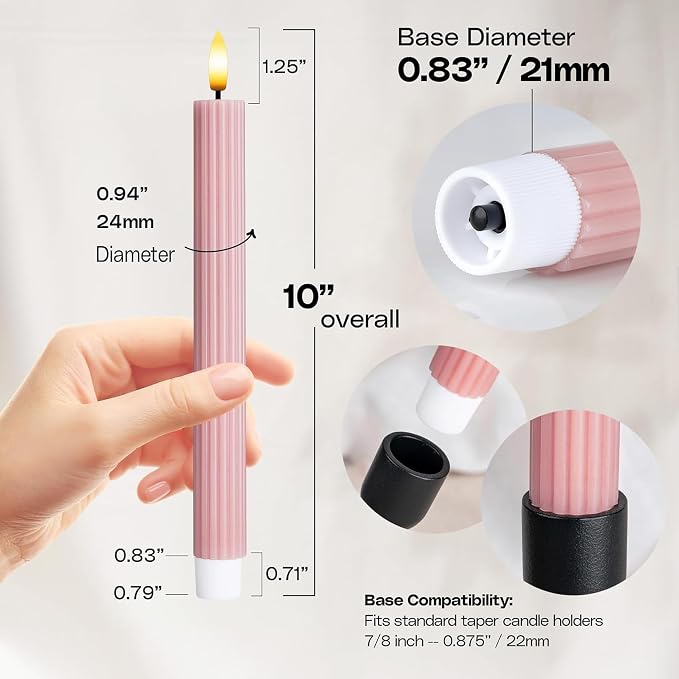 6 Pack, 10" LED Flameless Real Wax Dusty Rose Fluted Ribbed Grooved Taper Candles, Remote & 24h Timer Memory, On/Off Button, Dimmable, Flicker Mode, Battery Operated, Wedding