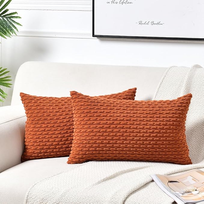 Fancy Homi 2 Packs Rust Decorative Throw Pillow Covers 12x20 Inch for Couch Bed Sofa, Modern Farmhouse Boho Home Decor, Soft Cute Plush Corduroy Cushion Case 30x50 CM