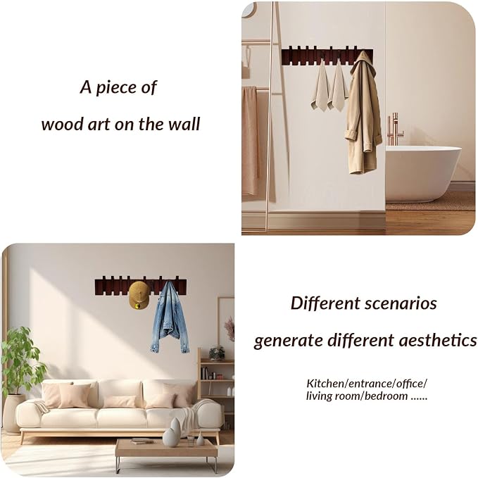 Wall Mounted Piano Coat Rack Solid Wood Piano Key Coat Rack Wall Mount, 4 Magnetic Foldable Hooks, Walnut Color - Heavy Duty, Drill or No-Drill Install for Entryway, Bedroom & Mudroom