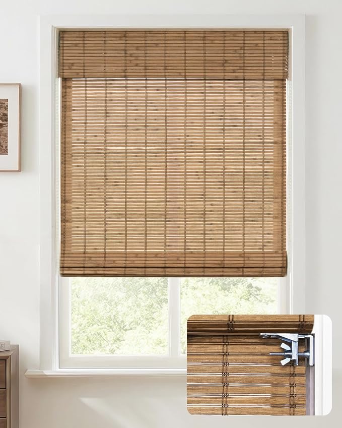 UNISHADES No Drill Cordless Bamboo Roman Shades, 23×64 in, Teak | Natural material, Light Filtering, Easy Install