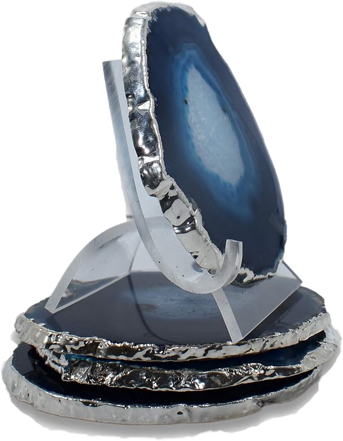 Nature's Decorations Blue Silver Rimmed Agate Stone Coasters - Set of 4, Polished Geode Drink Mats for Dining & Coffee Table & Kitchen Geode Decor Non-Toxic 3.5-4” Diameter