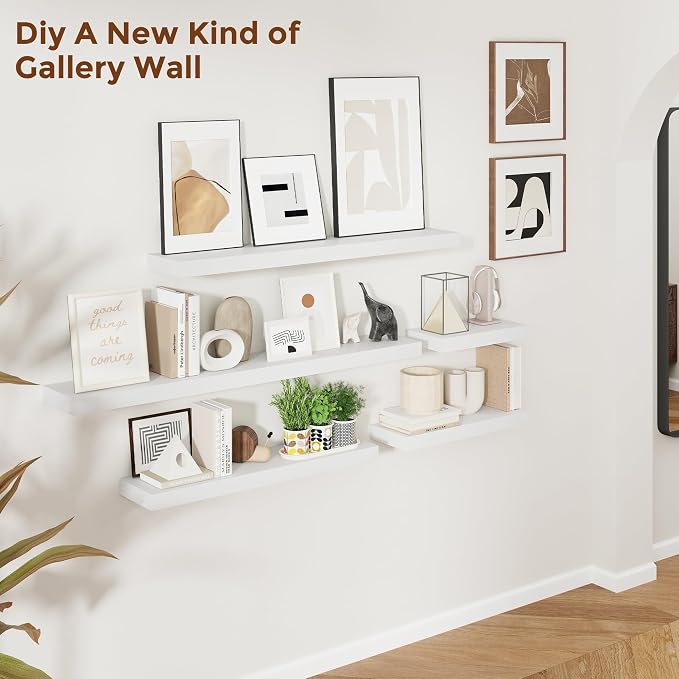 Heimlove 40 Inch Floating Shelves for Wall 8 Inch Deep White Shelves Set of 2,Wall Mounted Rustic Wood Long Floating Shelf with Invisible Brackets for Bedroom Kitchen Living Room