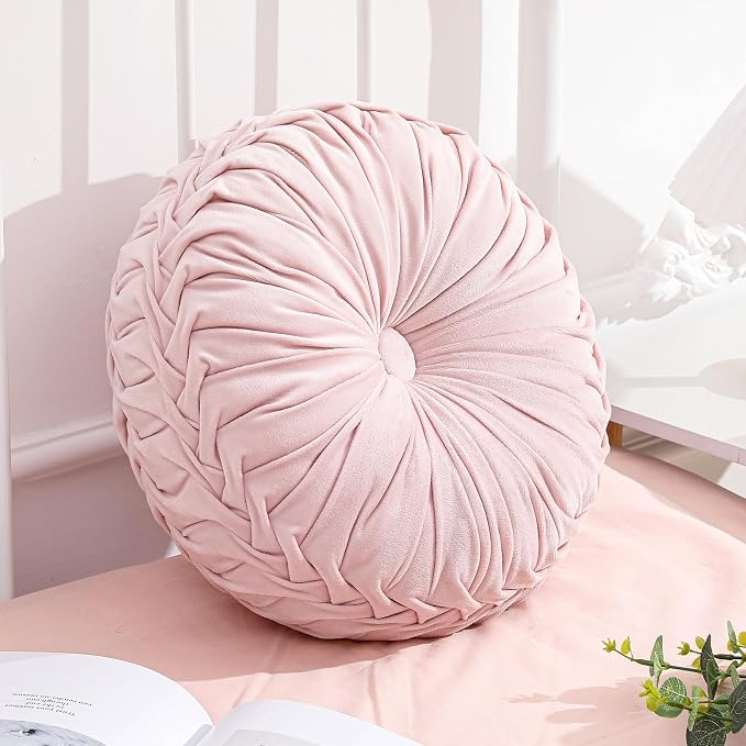 Drydiet 1 Pcs Round Throw Velvet Pillows Decorative Pleated Throw Pillows Diameter Accent Pumpkin Boho Chair Cushion for Couch Sofa Home Decoration (Pink,15'')