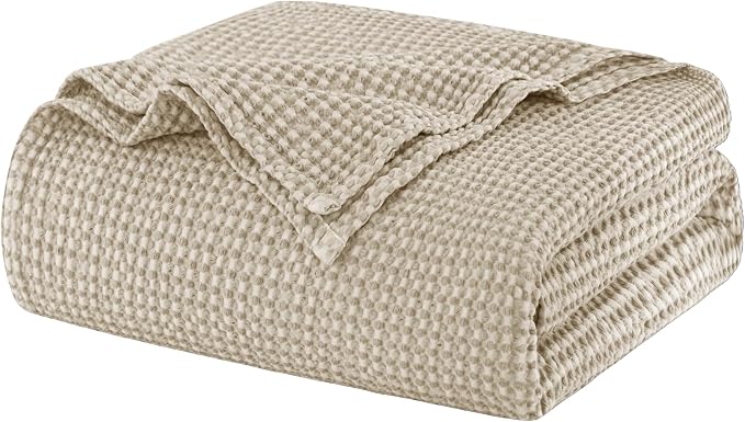 Talasily 100% Cotton Blanket Throw Size for Bed - Spring and Summer Cooling Lightweight & Breathable Bedding -Soft Waffle Weave Christmas Blanket, Machine Washable,Oatmeal,50x60 Inches
