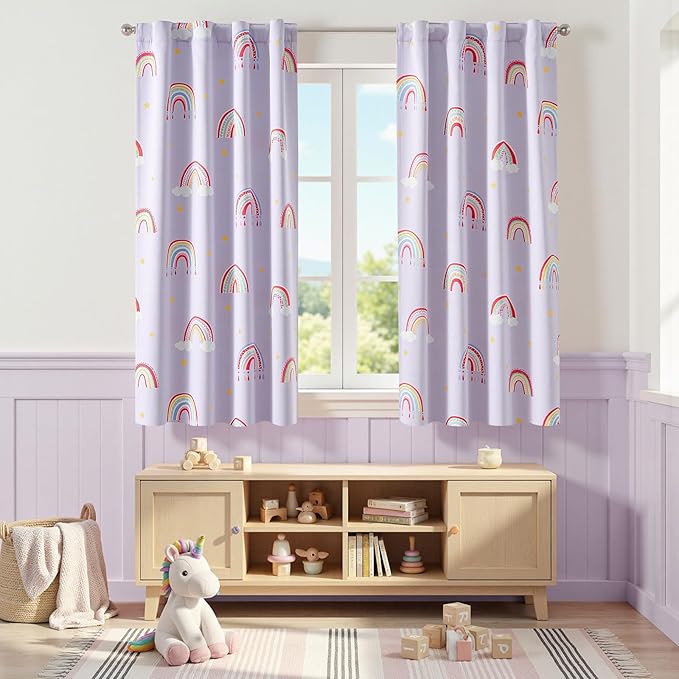 Vangao Blackout Curtains for Kids Bedroom Rainbow Purple Nursery Curtains 63 Inch Length Short Drapes for Teen Girls Thermal Insulated Room Darkening Light Blocking for Living Room Set of 2