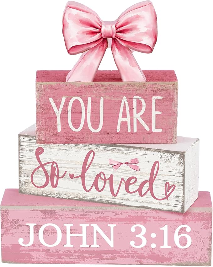 Lineshading 4 Pcs Christian Table Decor Pink Bow Wooden Block Signs Set "you Are So Loved John 3: 16” Christian Gifts for Women Coquette Aesthetic Bow Centerpieces for Home Office Shelf Decorations