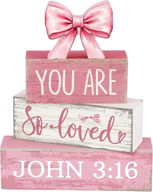 Lineshading 4 Pcs Christian Table Decor Pink Bow Wooden Block Signs Set "you Are So Loved John 3: 16” Christian Gifts for Women Coquette Aesthetic Bow Centerpieces for Home Office Shelf Decorations