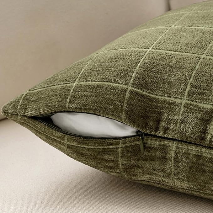 MIULEE Decorative Chenille Check Throw Pillow Covers Vintage Plaid Couch Pillows 20x20 Inch Set of 2 Neutral Boho Farmhouse Cushion Covers Modern Home Decor for Sofa Bed Living Room Olive Green