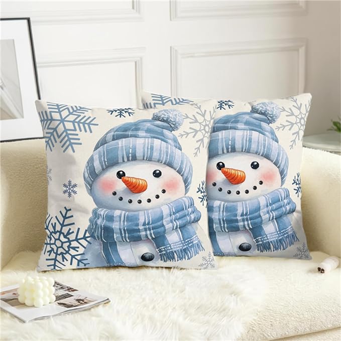 Lovely Blue Snowman Pillow Covers Winter Throw Pillow Case 22x22 Set of 2 Snowflakes Pillowcase Holiday Cushion Case for Living Room Bedroom Couch Sofa