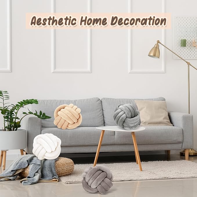 Yerliker 4 Pcs Knot Pillow Ball, 8.7 Inches Soft Home Decorative Round Throw Pillow Handmade Knotted Plush Accent Cushion Gifts for Nursery Decor Home Bed Sofa Bedroom Decoration