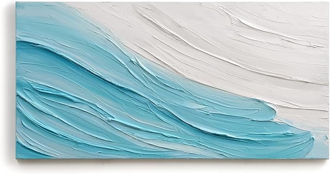Large Modern Abstract Ocean Wave Canvas Wall Art Coastal Oil Painting Decor | 24x48 In Hand‑Painted Horizontal Minimalist Artwork for Living Room Bedroom Office, Original Blue & White Wall Decor Gifts