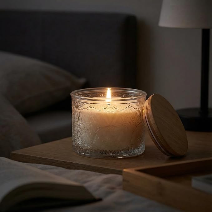 10 oz Clear Mandala Glass Candle Jars with Bamboo Lids, 9 Pack | Patented Embossed Design, Includes Wick Centering Devices & Warning Labels, Multiple Color Options