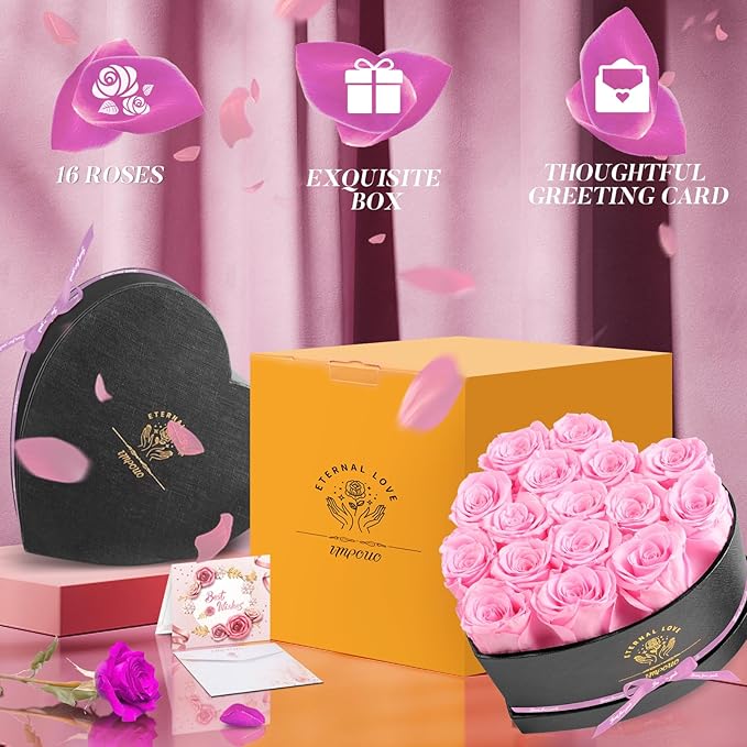 Impouo 16-Piece Forever Flowers Heart Shape Box - Preserved Roses, Birthday Gifts For Women- Flower Delivery Prime, Valentines, Anniversary, Wedding Gifts- Pink Roses