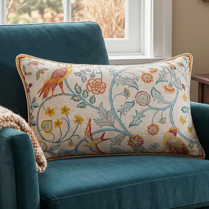 patdrea French Linen Throw Pillow Cover,12"x20",Set of 2-Magnolia A | Vintage Decorative Pillow Case with Zipper,Yellow Floral Pattern,Cushion Coverfor Couch Living Room Bedroom Sofa