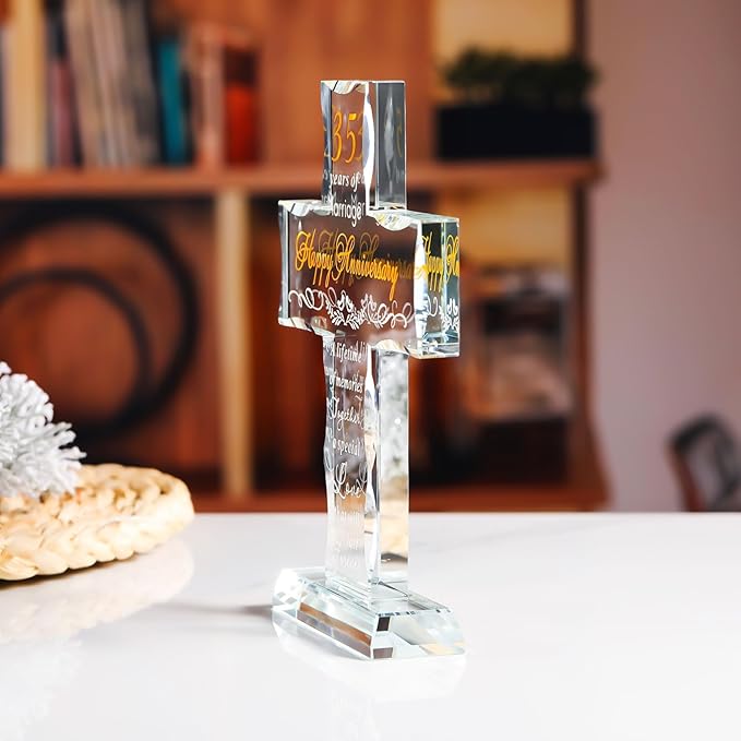 YWHL 35th Wedding Anniversary Cross Gifts for Her Him, Unique Glass Cross Gifts with Romantic Quote, 35 Years of Marriage Gifts for Couple, Standing Cross Gifts for 35th Anniversary Decoration