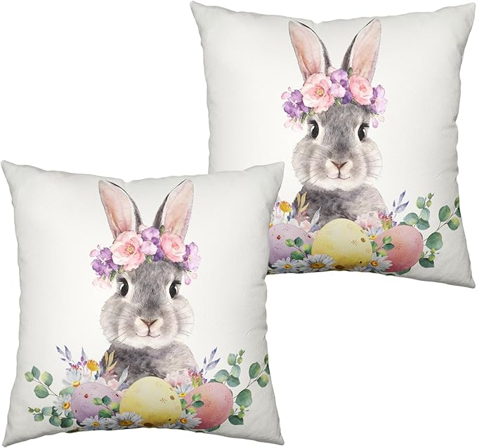 Happy Easter Pillow Covers Daisy Floral Colorful Easter Eggs Pillow Cases 20x20 Set of 2 Lovely Bunny Throw Pillow Covers Spring Farmhouse Cushion Cases for Couch Sofa