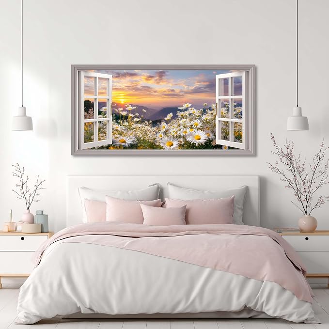 Ggaafet Wildflower Window Wall Art for Living Room Canvas Painting Prints Beautiful Daisy Floral Blooming Landscape Art Deco Pretty Artwork Office Bedroom Family Dining Room Decor Large