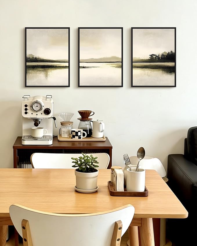 PHOPAGO Abstract Lake Landscape Framed Wall Art Watercolor Nature Wilderness Paints Nordic Neutral Tan Illustration Decorative - 12x16in Black Framed