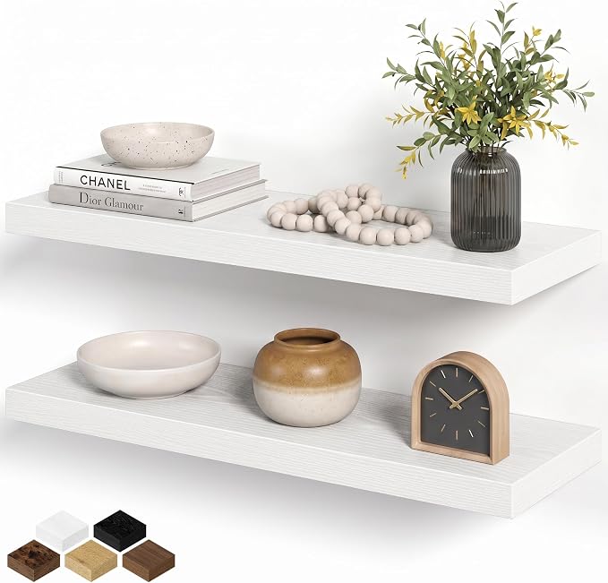 Fun Memories White Floating Shelves for Wall Set of 2, 28" White Floating Shelves for Home Decor, Rustic Wood Wall Mounted Shelf, Hanging Deep Shelf for Living Room, Bedroom, Bathroom, Kitchen