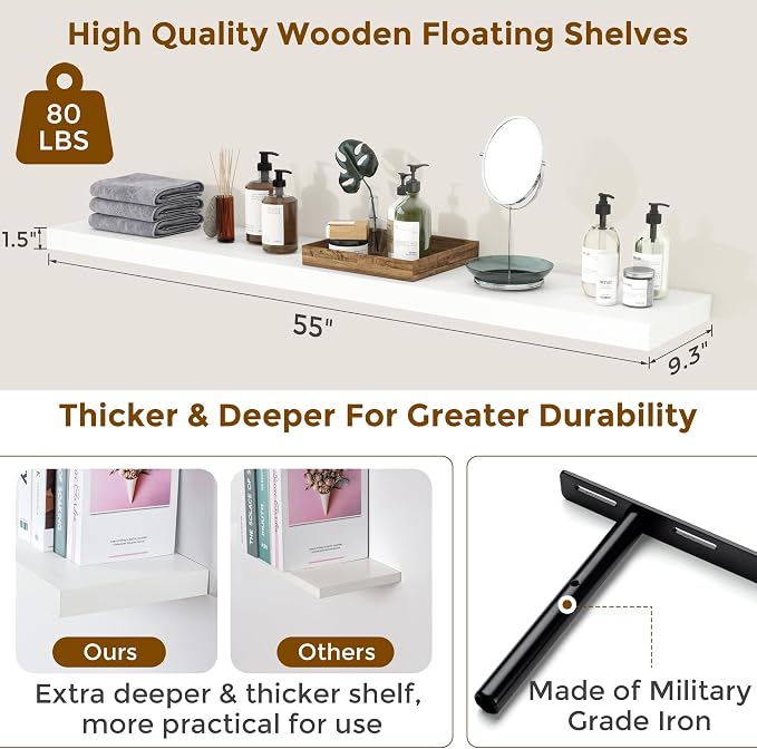 55 inch Floating Shelves for Wall, 9.3in Deep White Shelves Wall Mounted Floating Shelf, Extra Long Wall Shelf for Living Room, Kitchen, Office, Floating TV Stand, 2 Packs