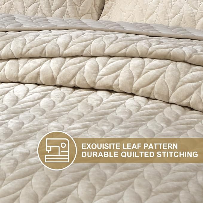 Ivellow Luxury Velvet Quilt Set Queen Size Bedding Sets Lightweight Ultra Soft Velvet Comforter Set Leaves Chevron Stitch Oversized Bedspread Coverlet 3 Pcs Full Bed Cover Sets for All Seasons Beige