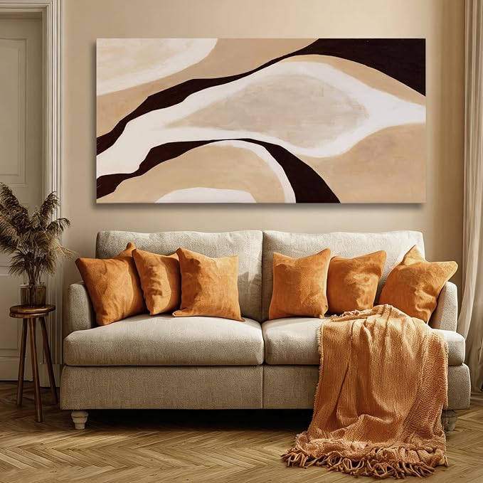 Dolidoteart Beige Brown White Black Canvas Wall Art, Large Neutral Abstract Wall Art Print for Bedroom, Modern Horizontal Wall Decor for Living Room, 24x48 Inch