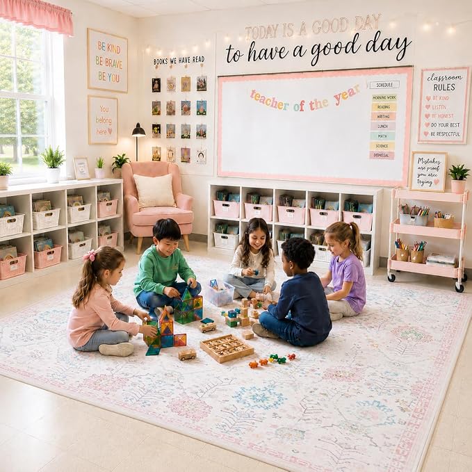 Lahome Flavie Classroom Rug 8x10, Soft Washable Rug for Dorm Room, Non Slip Low Pile Boho Floral Carpet for Bedroom, Playroom, Nursery, Kids Room and Classroom Decor, Beige