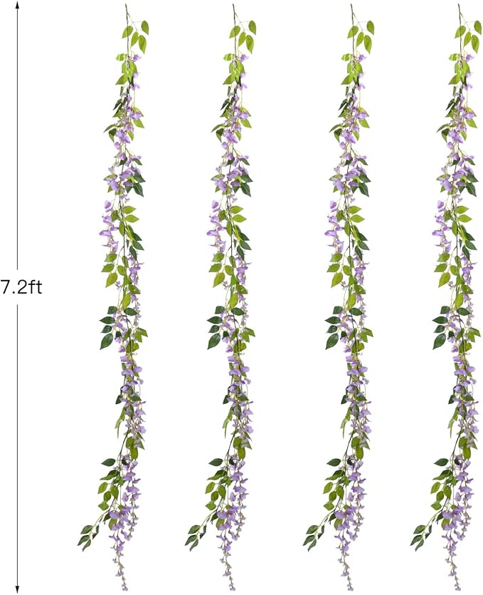 Lvydec Wisteria Artificial Flowers Garland, 4 Pcs Total 28.8ft Artificial Wisteria Vine Silk Hanging Flower for Home Garden Outdoor Ceremony Wedding Arch Floral Decor (Light Purple)