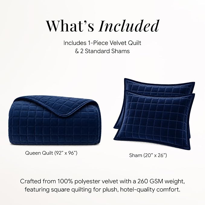 Tribeca Living Luxury Velvet Quilt Queen Size Set - 260GSM Ultra-Soft Oversized Velvet Bedspread Comforter Set with 2 Shams, in Florence Navy Blue