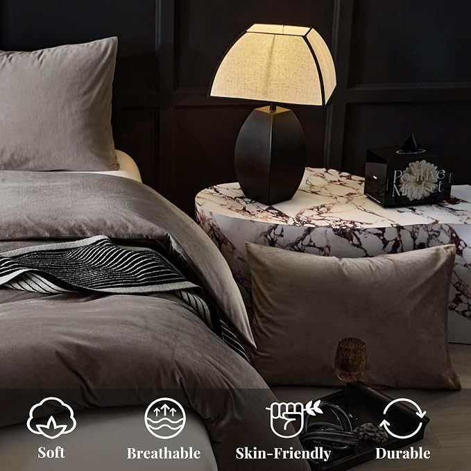 WARMDERN Khaki Flannel Velvet Duvet Cover Queen Size Duvet Cover Bedding Sets, 3pcs Ultra Soft Luxury Textured Modern Crystal Velvet Duvet Covers with Zipper Closure(Khaki, Queen)