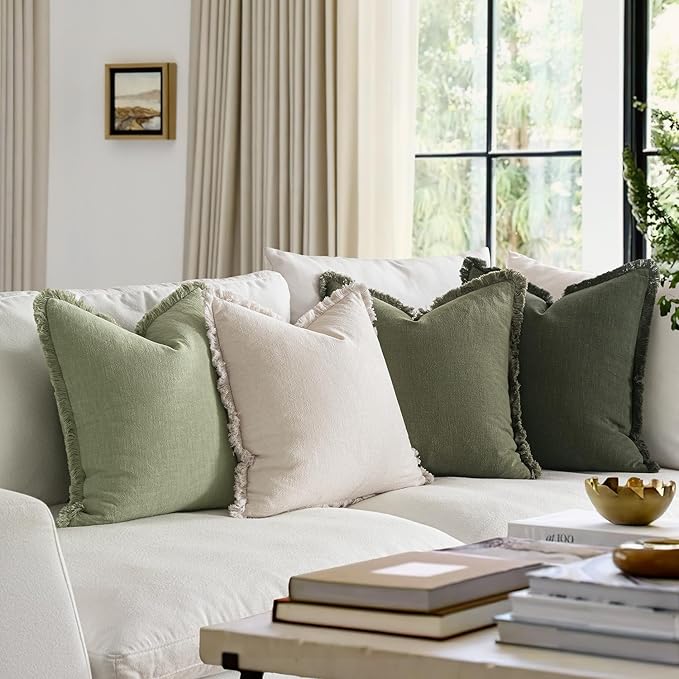 MIULEE Decorative Couch Pillow Covers Neutral Linen Fringe Throw Pillows Set of 4 Boho Farmhouse Soft Accent Cushions for Bed Sofa Living Room Spring Home Decor 20x20 Inch Beige/Sage Green
