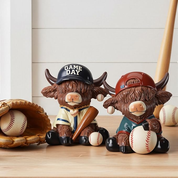 Wesiti 2 Pcs Baseball Highland Cow Figurines Decor, Cute Sport Resin Cow Statue with Bat and Ball, Baseball Fan Gifts for Adults Coaches Team Decor