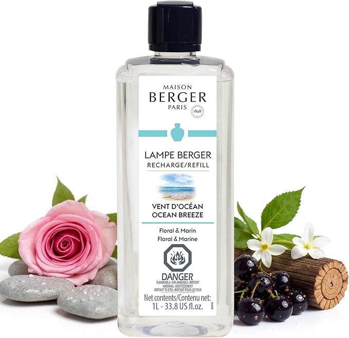 Maison Berger Ocean Breeze Lampe Berger Refill, 1 Liter (33.8 fl oz), 2-in-1 Catalytic System, Neutralizes Odors and Diffuses Fragrance, Rose, Blackcurrant, Marine Notes, Jasmine, Made in France