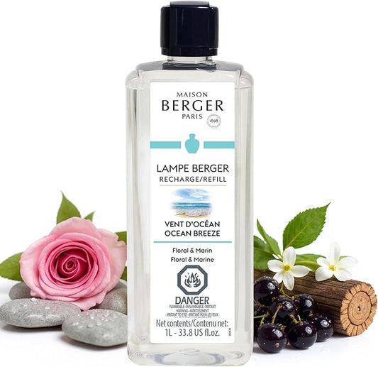 Maison Berger Ocean Breeze Lampe Berger Refill, 1 Liter (33.8 fl oz), 2-in-1 Catalytic System, Neutralizes Odors and Diffuses Fragrance, Rose, Blackcurrant, Marine Notes, Jasmine, Made in France