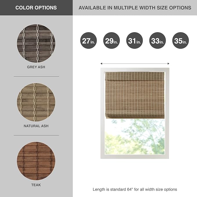 Madison Park Eastfield 100% Bamboo Cordless Roman Shades-Woven Wooden Privacy Panel, Light Filtering Easy Installation Window Blind Treatment, Bedroom, Living Room Decor, 31" W x 64" L, Natural Ash