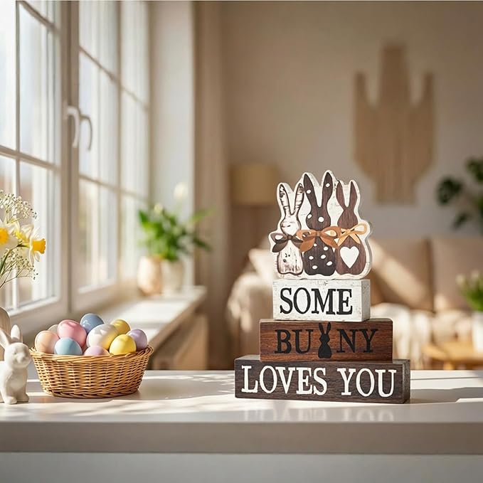 Smile Wooden Easter Decoration Sign - "Some Bunny Loves You" Wooden Block Stack Decor, 3-Tiered Rustic Blocks with Bunny Silhouette Topper for Easter & Spring Tabletop Display