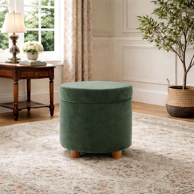 HomePop 19" Round Storage Ottoman - Loden Green Velvet