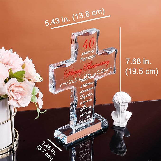 YWHL 40th Wedding Anniversary Cross Gifts for Parents, 40 Years of Marriage Glass Standing Cross Keepsake for Couple, 40 Years Aniversary Decorations for Home Party