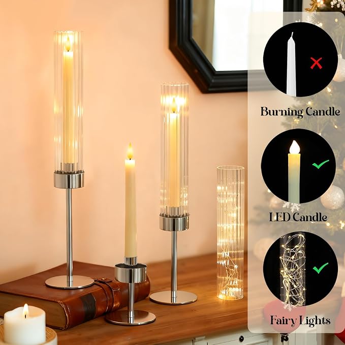 Metal & Acrylic Taper Candle Holders Set of 3 with Ribbed Design - Hurricane Clear Cylinder Candelabra for Wedding, Christmas, Party, Dining Table Centerpiece Decor (Silver, Set of 3)