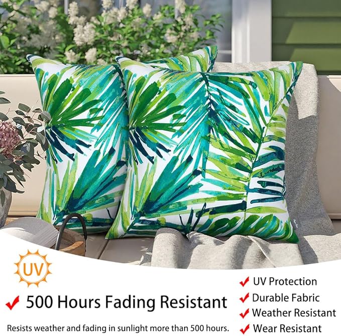 Magpie Fabrics Patio Pillow with Insert 18"x18", Set of 2, Fade-Resistant Outdoor Indoor Cushion Decorative Throw Pillow Decoration for Couch Garden Furniture - Green Palm Leaves