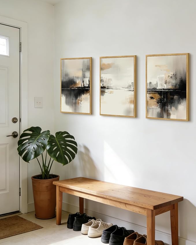 PHOPAGO Black Gray Abstract Landscape Framed Wall Art Brown Tan Neutral Wall Decor Minimalist Modern Illustrations Prints Bedroom Home Decor - 12x16in Natural Framed