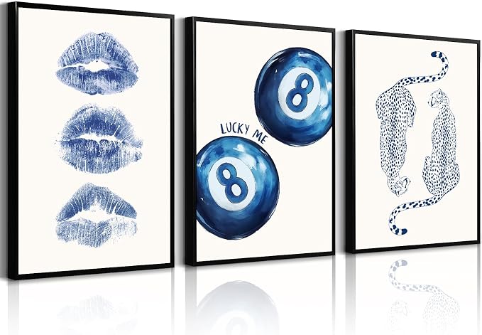 Leopard Wall Art Cheetah Canvas Prints Trendy 8 Ball Wall Decor Preppy Aesthetic Poster Lucky Leopard Pictures Funky Painting Navy Kiss Artwork for Bedroom Living Room 16x24 Inch Unframed Set of 3