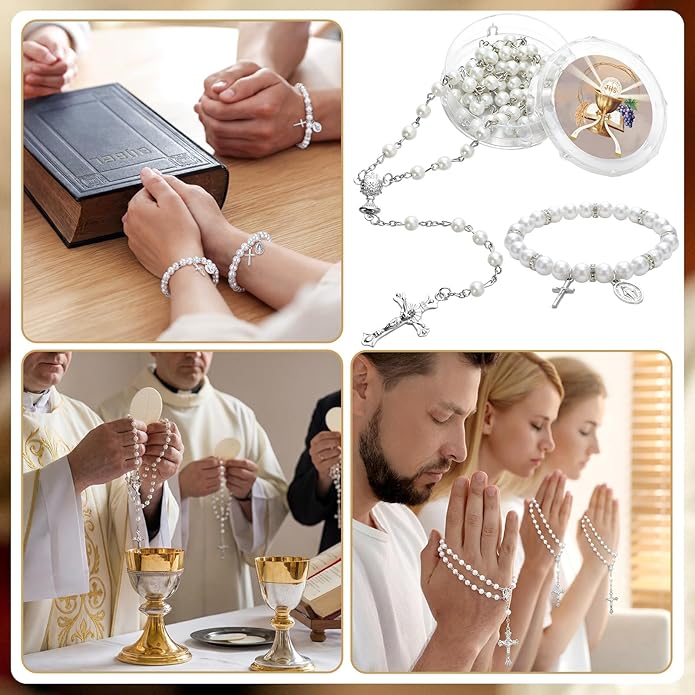 Kenning 24 Pcs First Communion Favor Rosary & Bracelet White Religious Rosary Bead Christian Baptism Gifts for Guests Primera Comunion Gift for Baptism Church Wedding