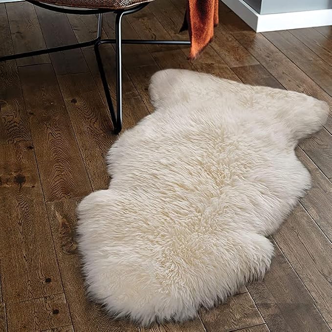Genuine Sheepskin Rug – New Zealand Sheep Skin Fluffy Soft Single Pelt Lambskin for Bdroom, Living Room, Sofa, Chair, Bedside – Natural Ivory White Area Rug (2 x 3 ft)